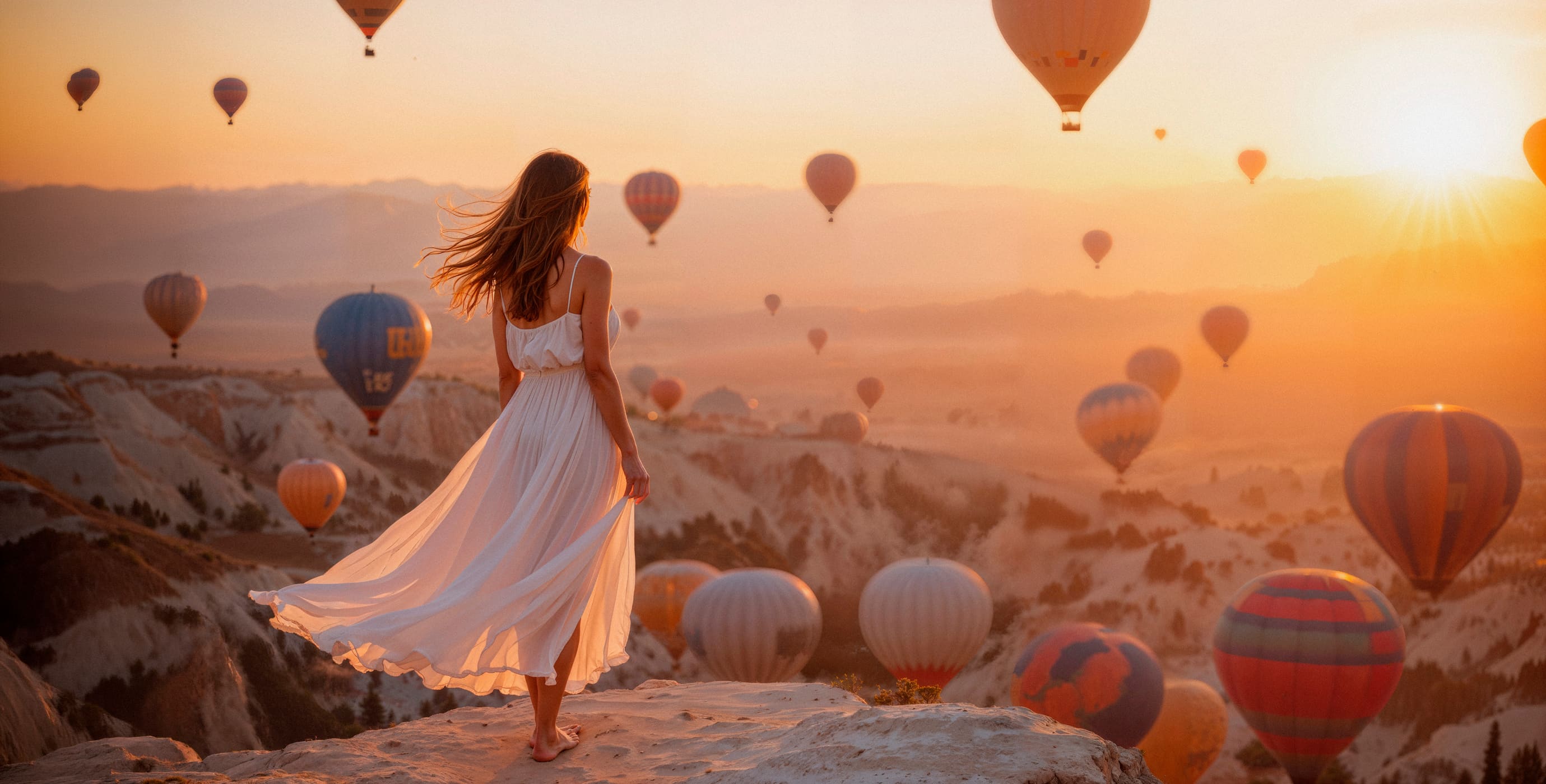 A traveler among the sunrise hot-air balloons of Cappadocia