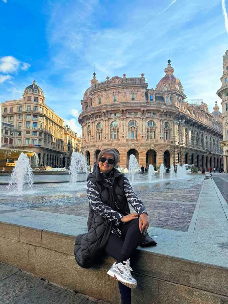 An Avian client at a grand European plaza